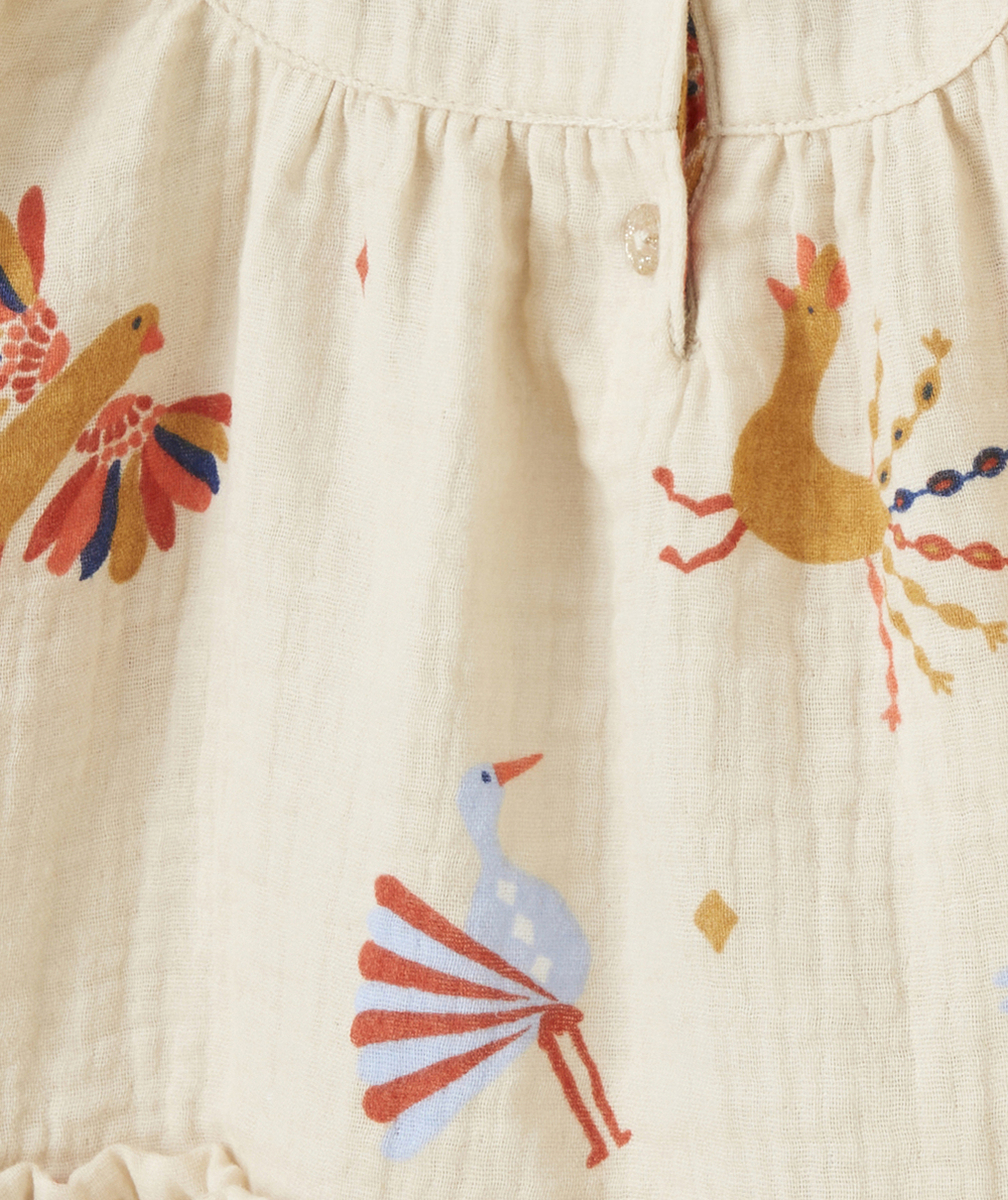 ROBE MANCHES LONGUES BÉBÉ FILLE EN COTON BIO BEIGE AVEC IMPRIMÉ ANIMAUX COLORÉS