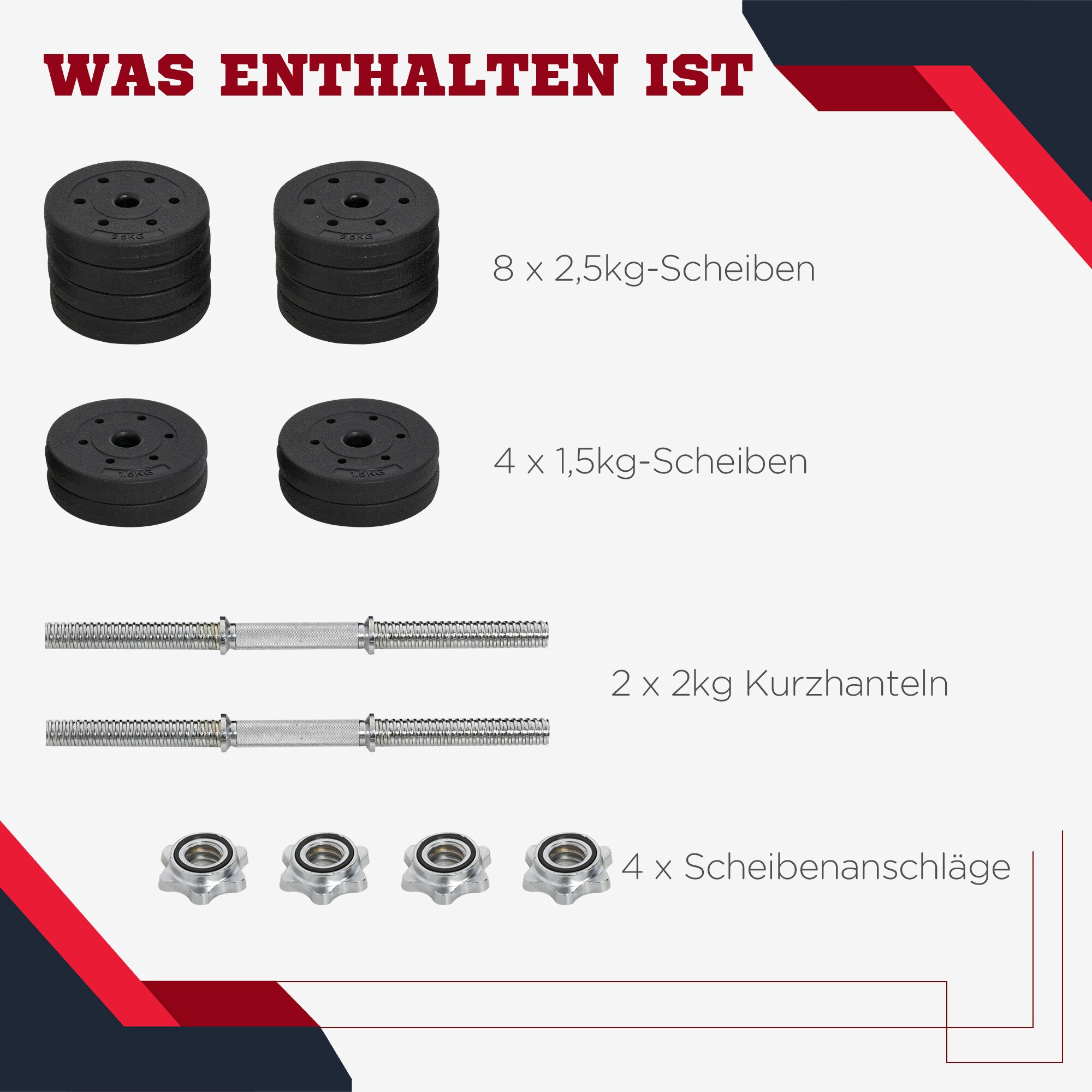 HOMCOM Kurzhantel Set 30 kg schwarz 43 x 18 x 7,5 cm
