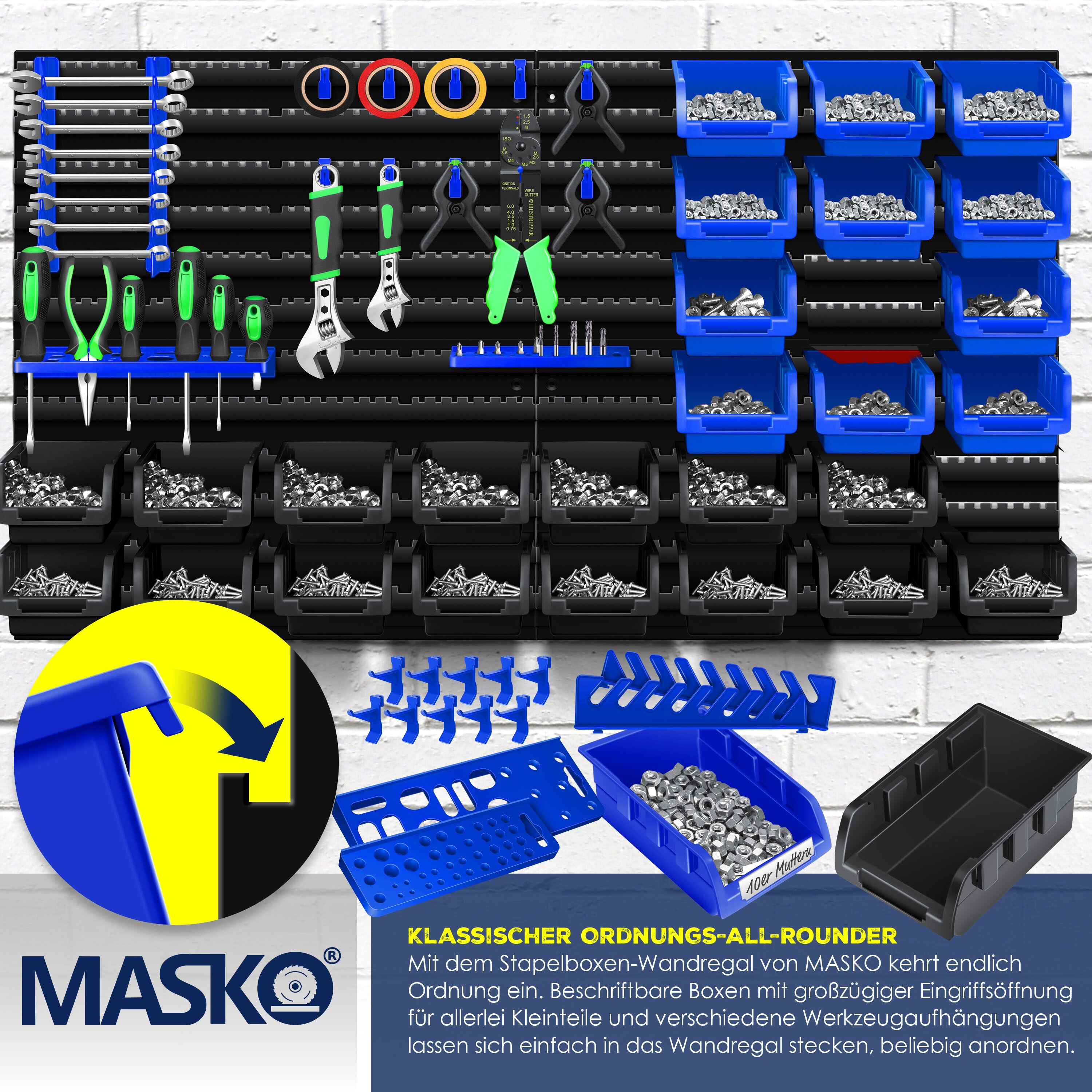 MASKO® Wandregal + Stapelboxen + Werkzeughalter | 45 tlg Box | Erweiterbar | Werkstattregal Lagerregal Steckregal Set Box | Sichtlagerkästen | Kleinteilemagazin | Sortimentskasten | Werkstatt |