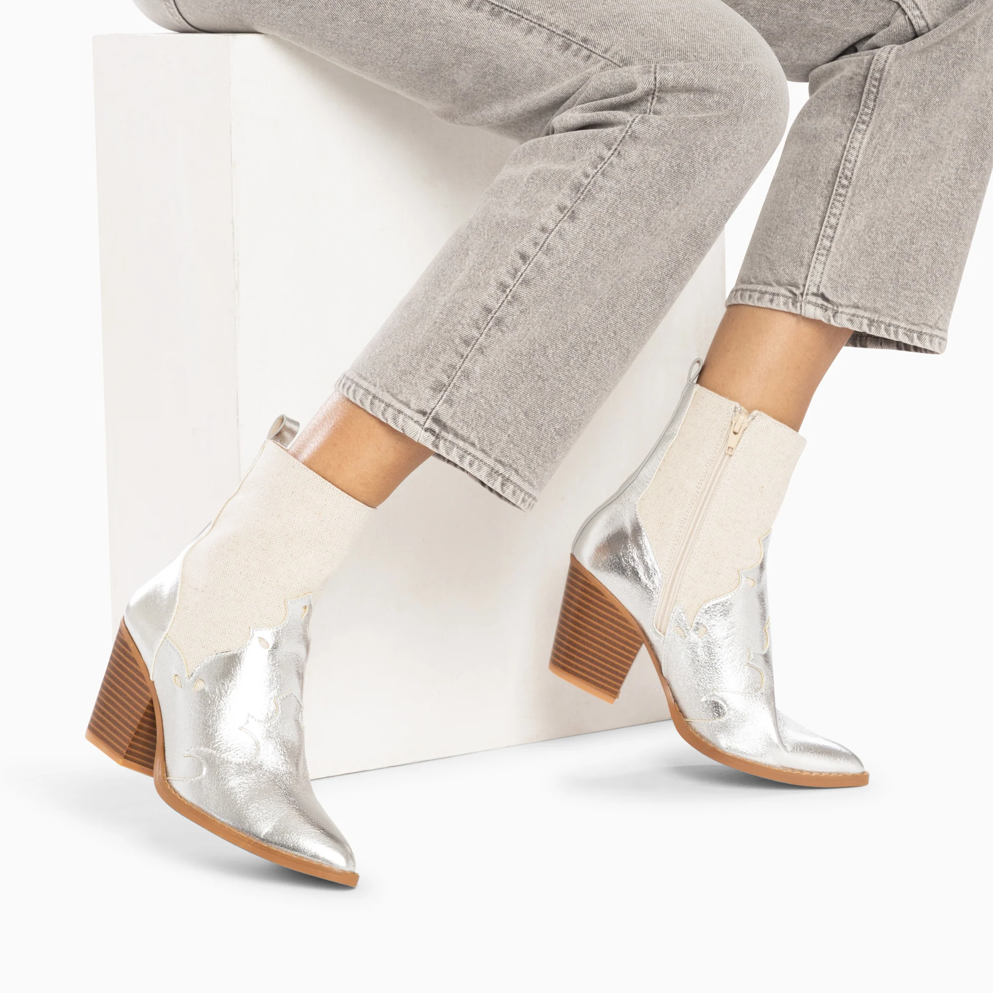 Bottines-Bottines santiags Kelsey bi-matière beige et argent