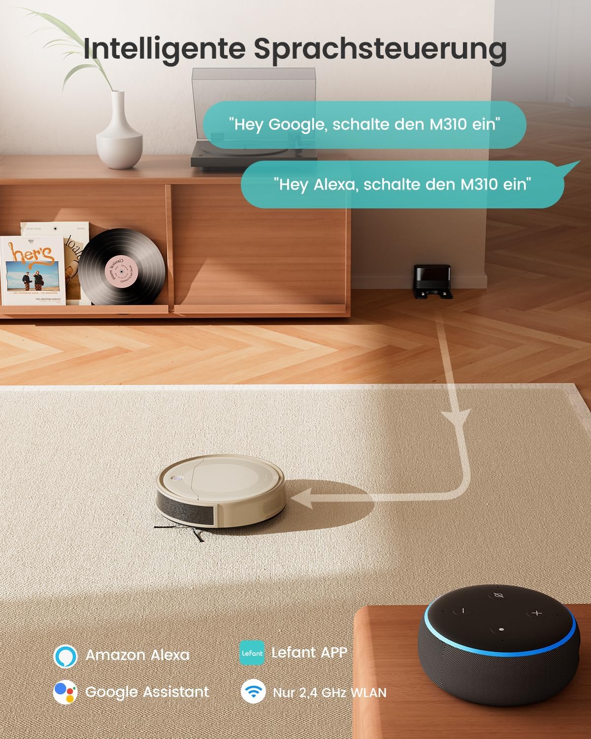 LEFANT M310 Staubsauger Roboter, Saugroboter mit 4500 Pa Saugkraft, 180 Minuten Akkulaufzeit, Hindernisvermeidung, Steuerung per WLAN, App und Alexa, Geeignet für Tierhaare und Hartböden