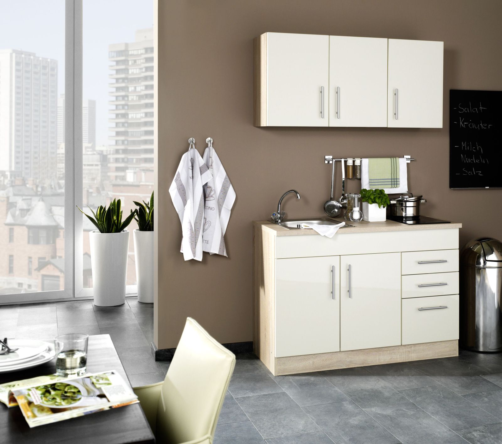 Single-Küche TORONTO - creme Hochglanz - Glaskeramik-Kochfeld - 120 cm