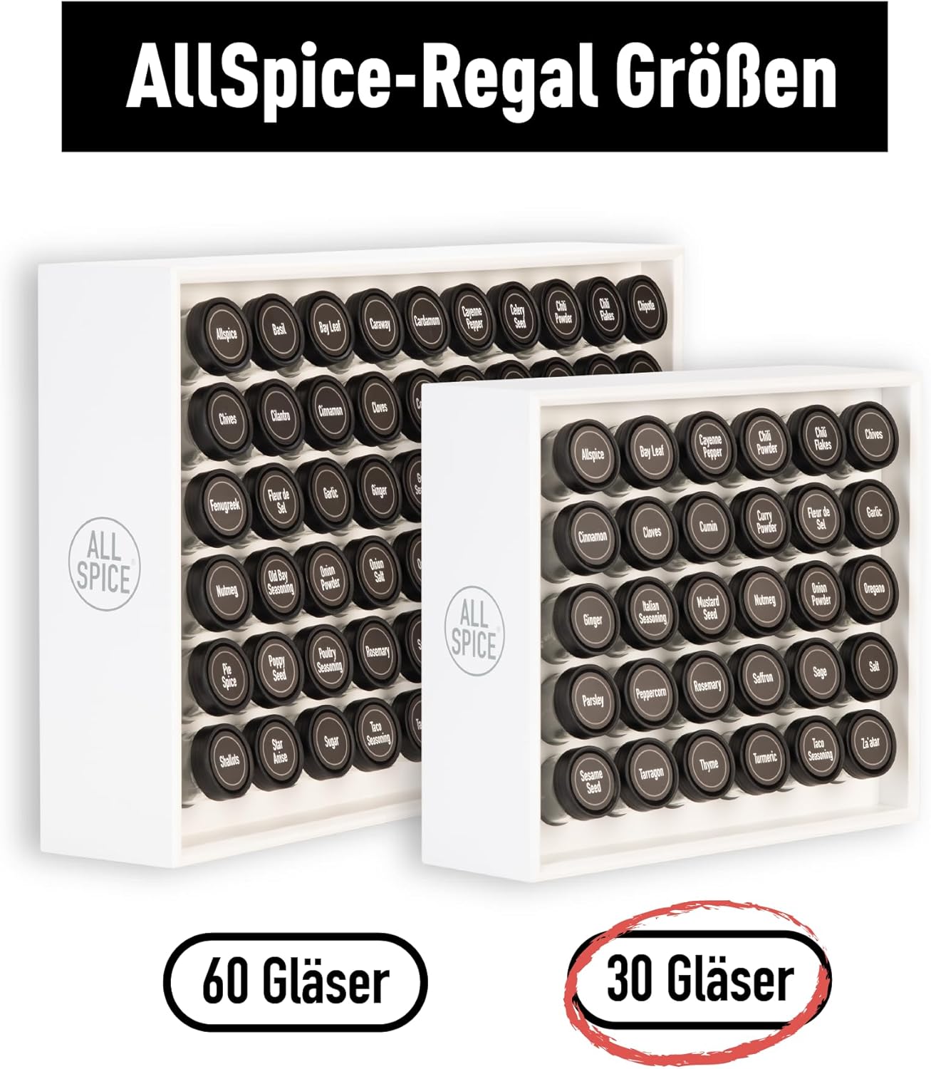 AllSpice Gewürzregal aus Holz, inkl. 30 Gläser 118 ml, Mattweiß