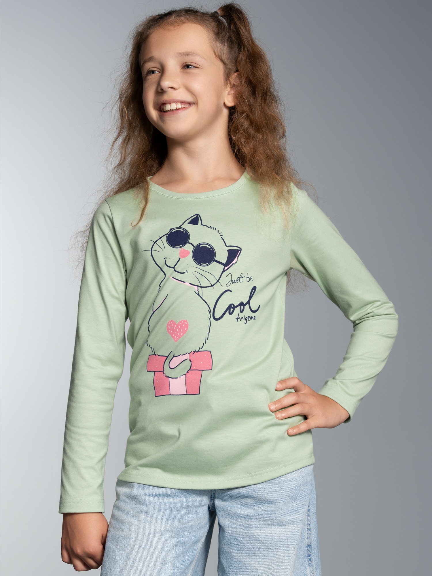 Langarmshirt mit Katzen-Motiv Green tea