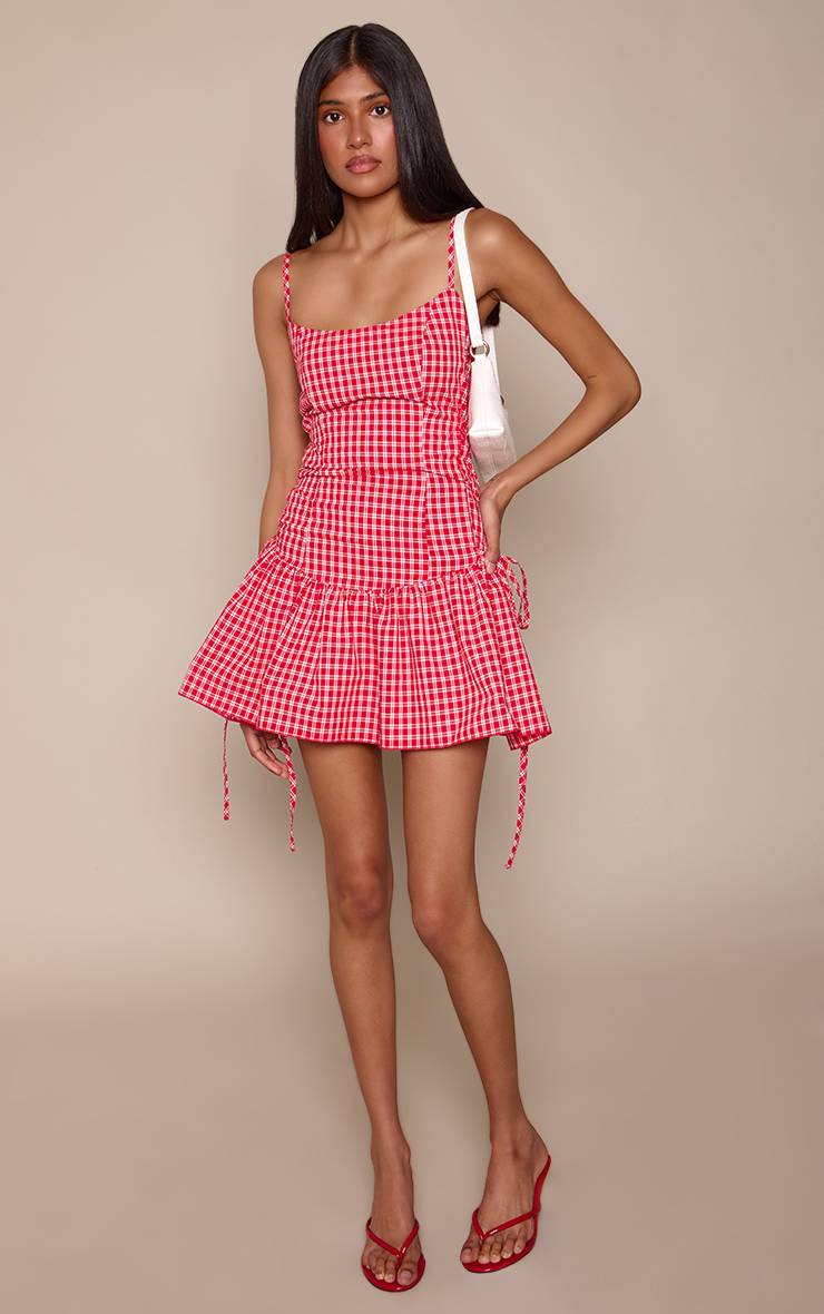 Rouge Robe Droite À Bretelles Et Laçage Vichy