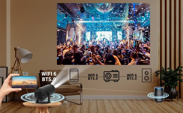 NÖRDIC Mini Portable Projector – 720p HD-understøttelse, Android 11, WiFi 6, BT 5.0, 180° rotation, hjemmebiografprojektor