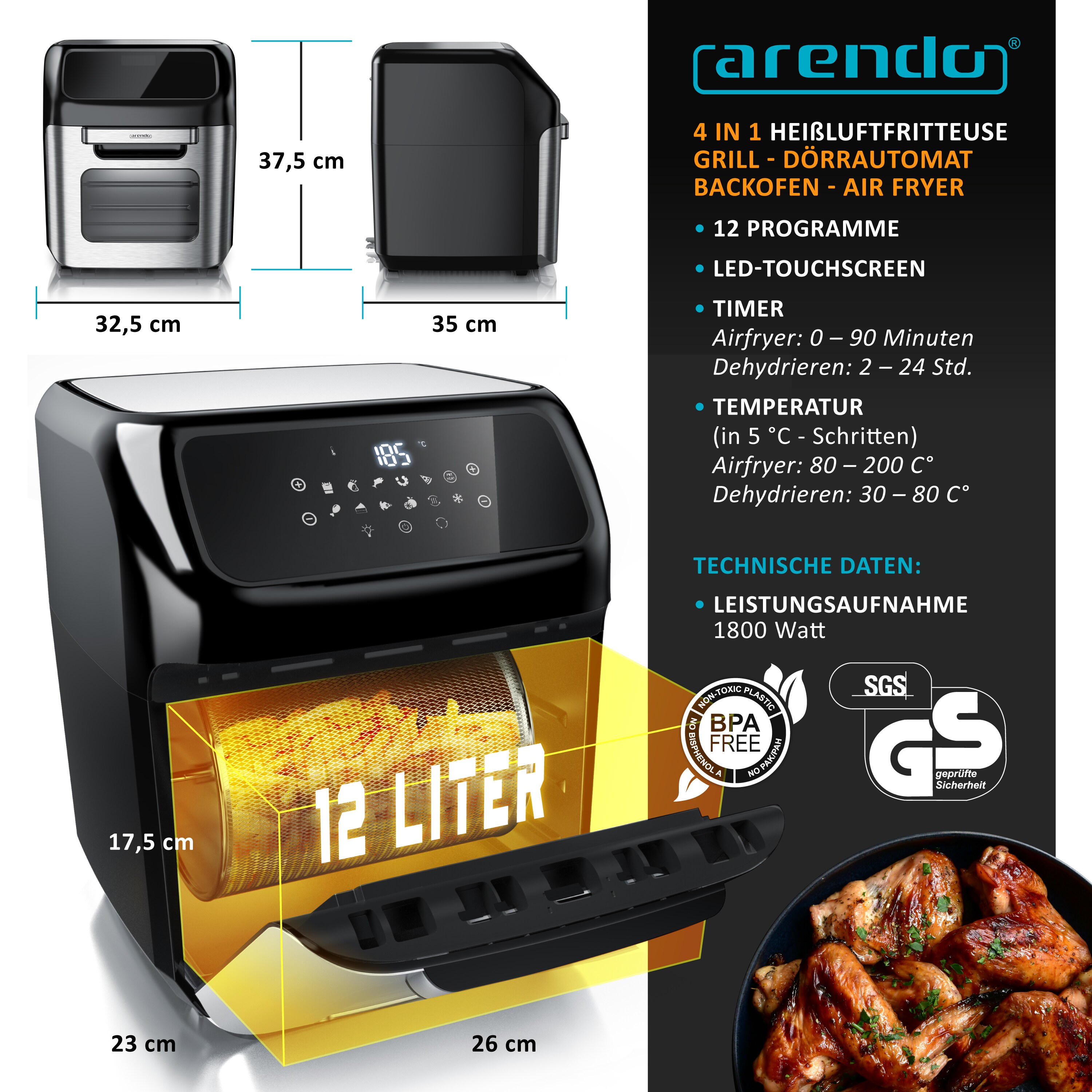 Arendo Heißluftfritteuse, Minibackofen 12L Edelstahl, Airfryer, Pizzaofen, Multifunktionsofen, Mini Backofen mit Umluft, 1800 Watt, Timer