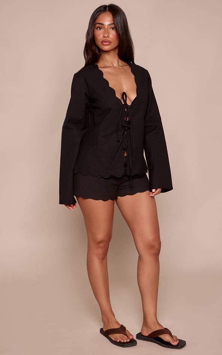 Noir Short Mini Coordonné À Bords Festonnés Effet Lin Petite