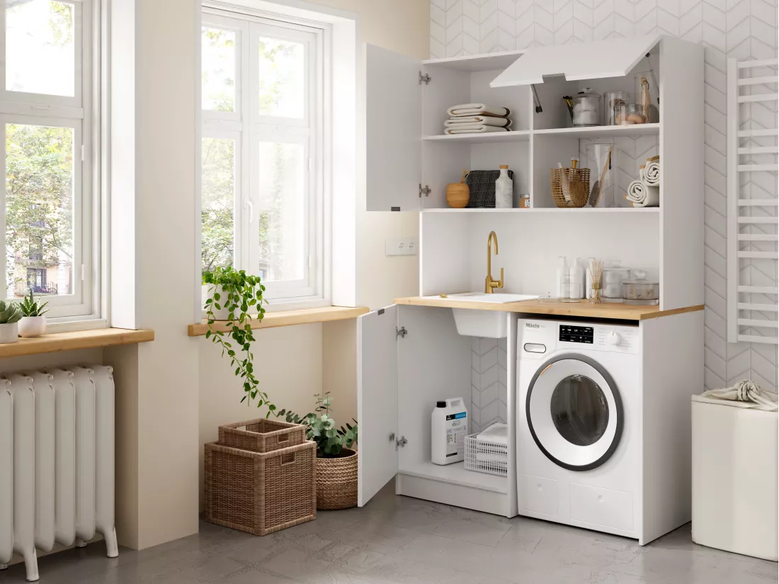 Meuble multifonction kitchenette et buanderie - Avec plan de travail 120 cm - Blanc et naturel - CARMEO