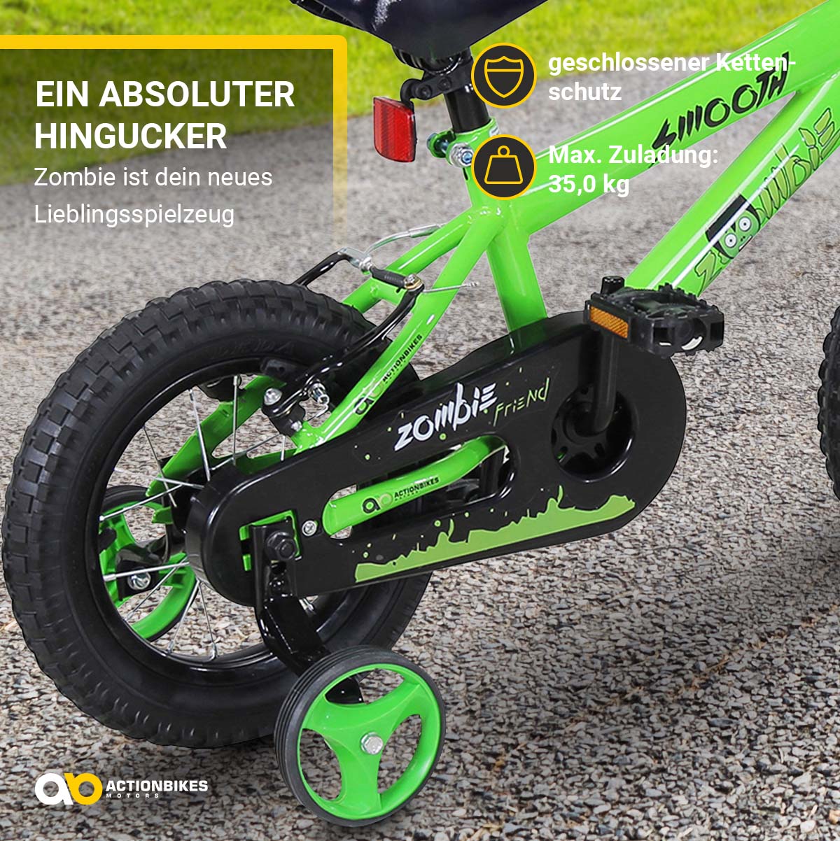 Actionbikes Kinderfahrrad Zombie 12 Zoll, V-Brake-Bremsen, höhenverstellbar, Stützräder, Reflektoren