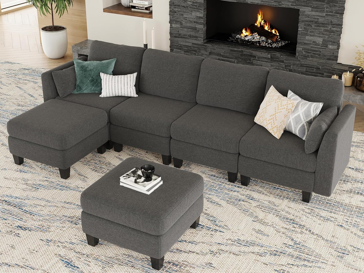 U-Form Modulares Ecksofa mit schlaffunktion,Moderner Schlafsofa aus Stoff，umwandelbarer Sofa mit Hochdicht-Memory-Schaum, bequemer 6-Sitzer Modulares Eckcouch für den Wohnzimmer, Dunkelgrau