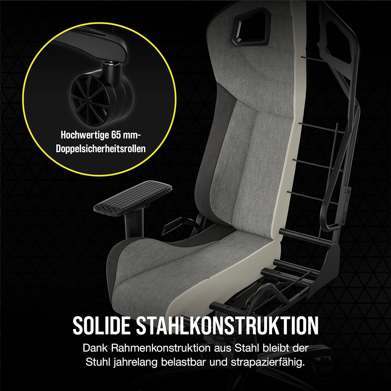 Corsair T3 RUSH Gaming-Stuhl mit Stoffbezug (2023) – Vom Rennsport inspiriertes Design – Bezug aus Weichem – Gepolstertes Nackenkissen – Lendenstütze aus Memory-Schaumstoff – Schwarz und Holzkohle