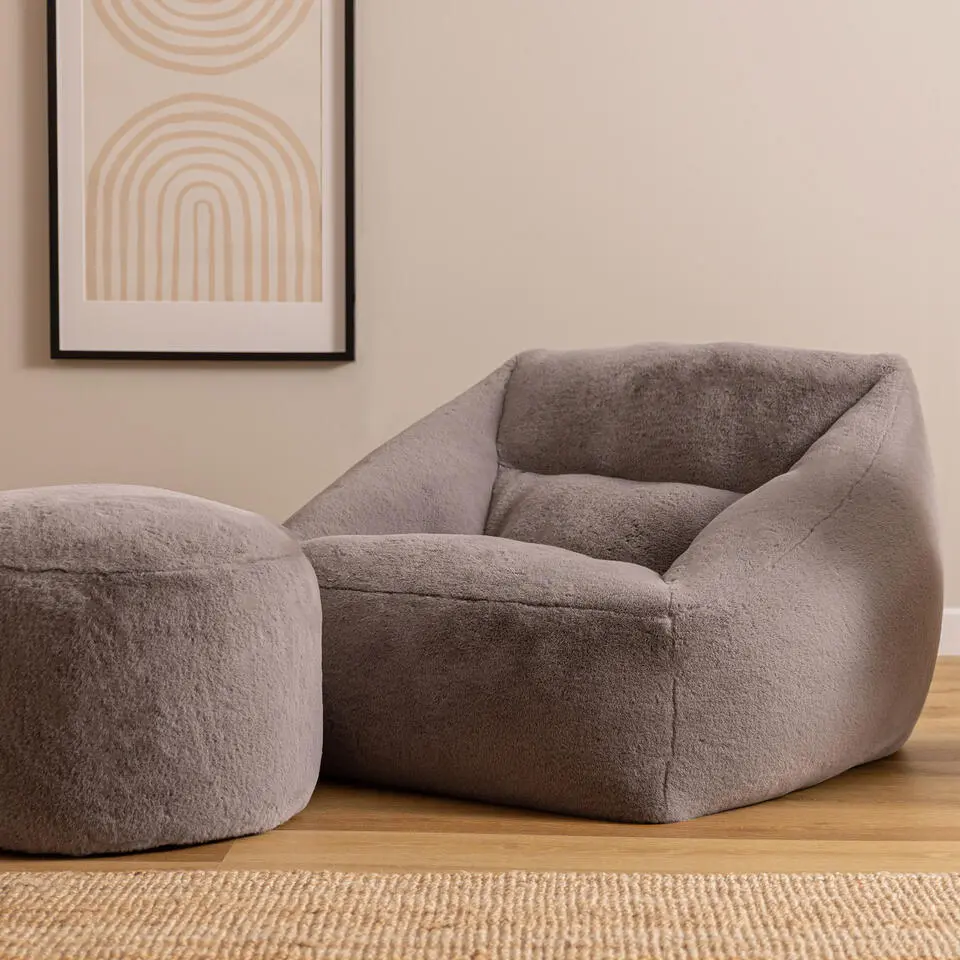 icon - Natalia XL Zitzak Fauteuil met Ronde Poef - Imitatiebont - Grijs