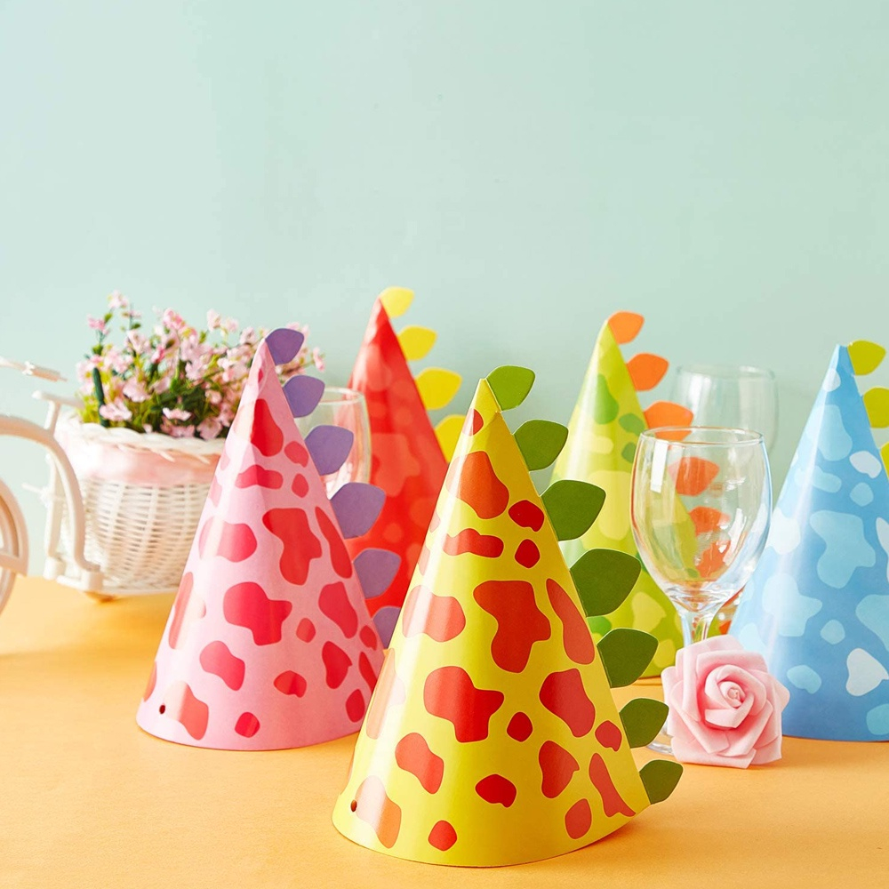 (20er Set) 11x19cm Kinder Party Hut Geburtstags Accessoire Kegel Mütze mit Gummizug - Dino