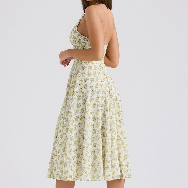 Puffields - Halter V-hals Diepuitgesneden Bloemenprint Open Rug Midi A-lijn Jurk