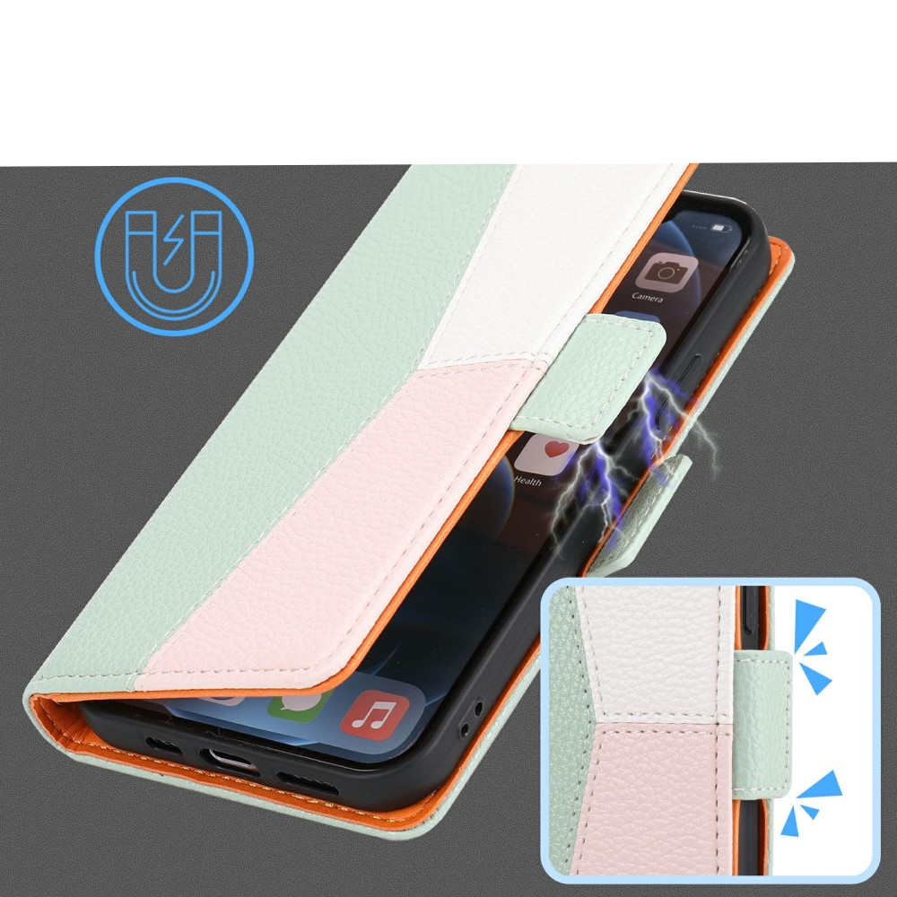 iPhone 13 Pro Leder Tasche Flip Cover Litchi Look mit Kartenfächern Geometrisches Design - Grün / Rosa / Weiss