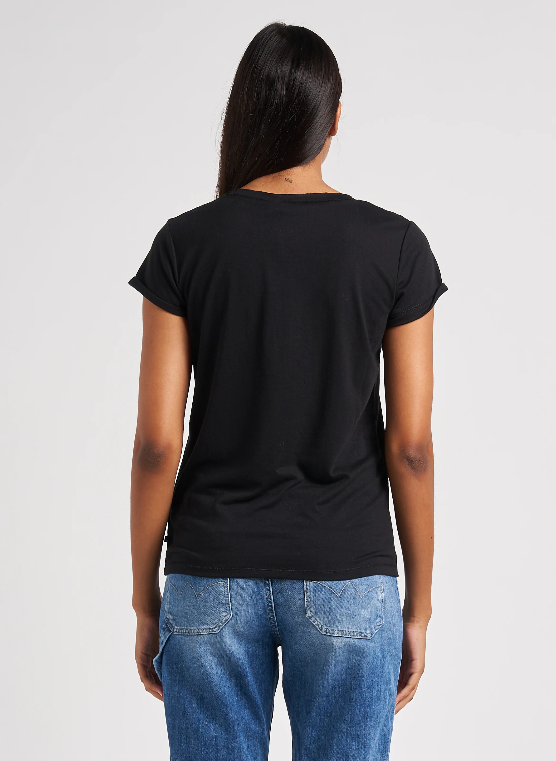 Tee-shirt droit col V sérigraphié en lin | Noir