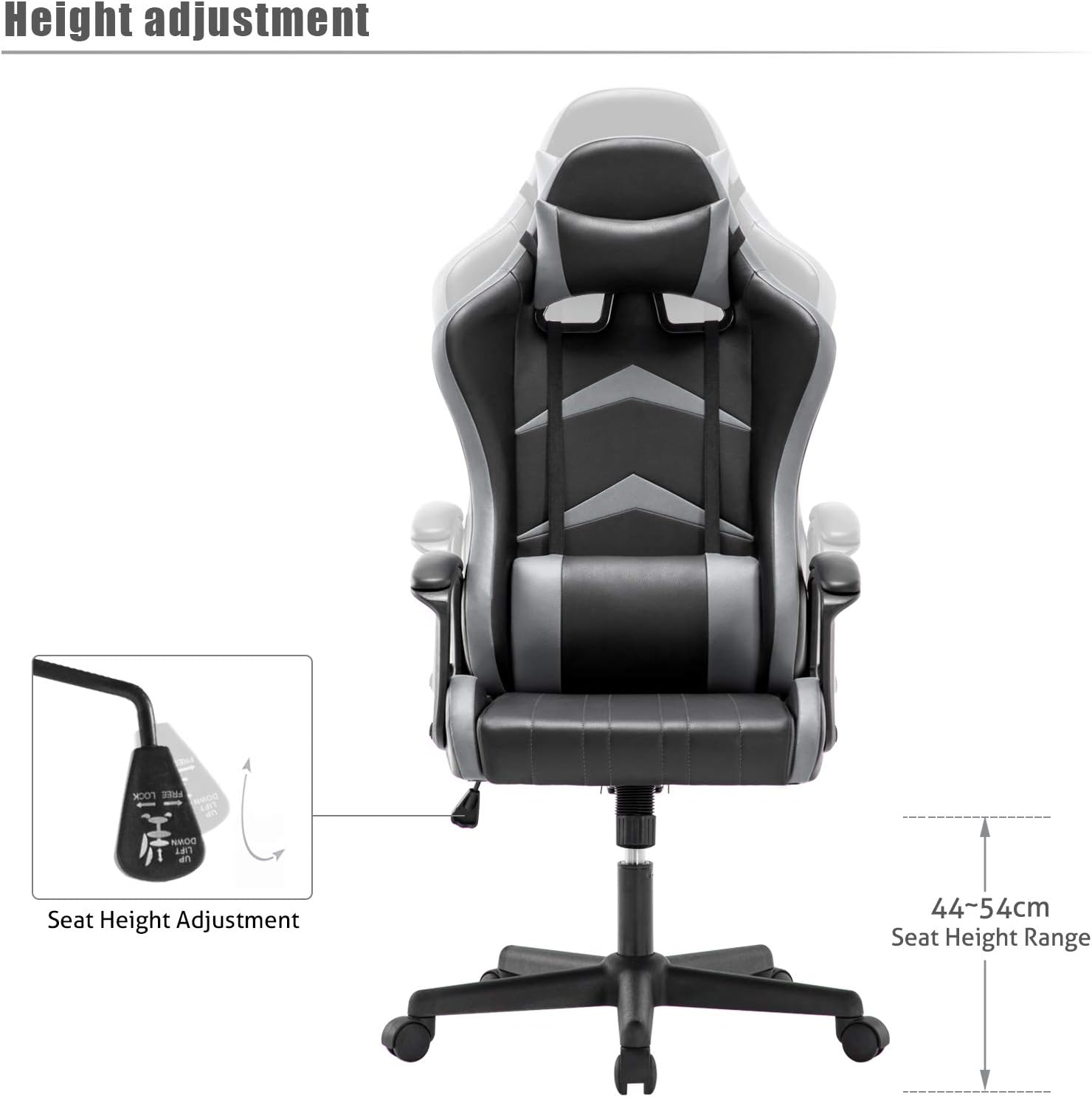 IntimaTe WM Heart Gaming Stuhl, Bürostuhl mit Verstellbarem Kopfkissen und Lendenkissen, Ergonomischer Schreibtischstuhl, Racingstuhl mit Hoher Rückenlehne, 52 x 49 x 130cm (Grau)