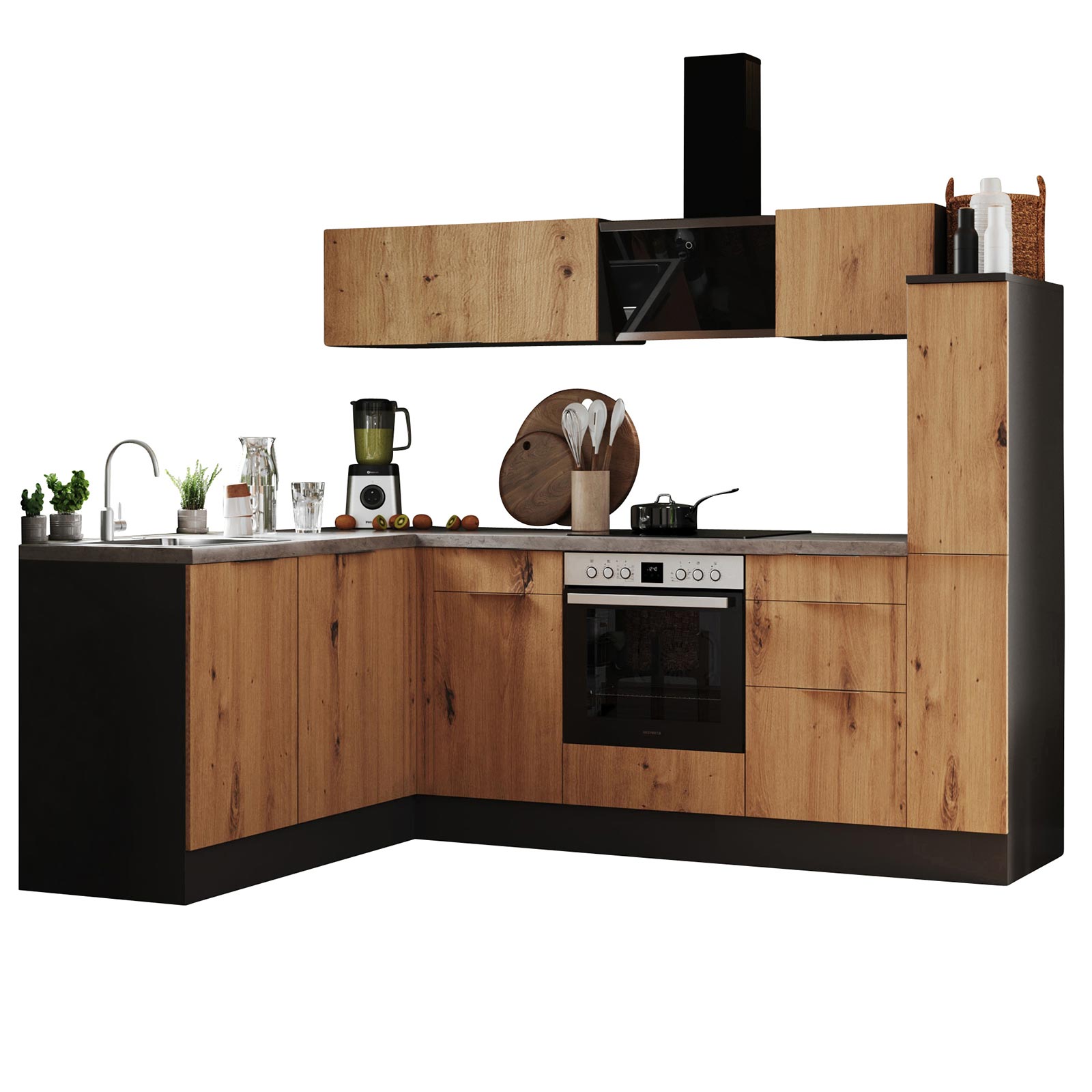 RESPEKTA Winkelküche - Artisan Eiche - grau matt - mit E-Geräten - 250x175 cm