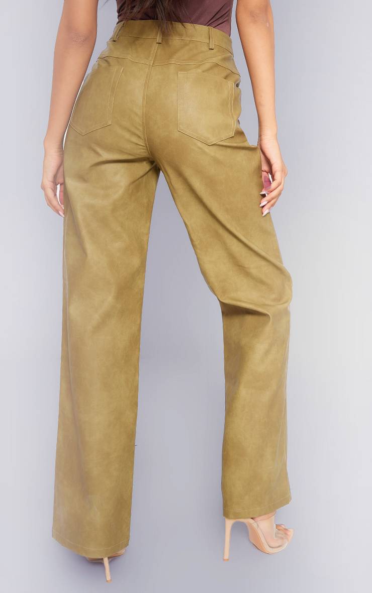 Vert Olive Pantalon Droit Premium En Synthétiquecuir Lavé