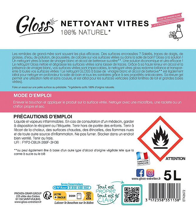 Nettoyant vitres vinaigre 100% naturel Gloss gel 5L