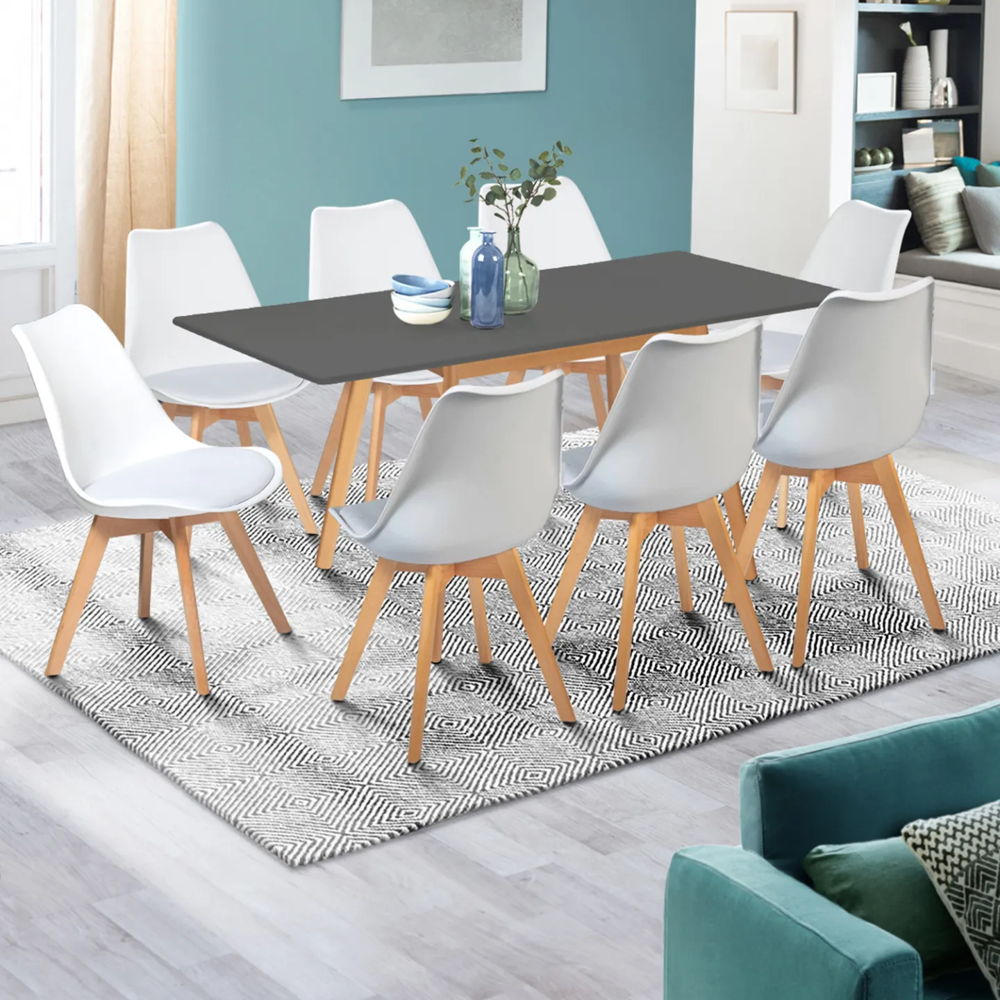 Table scandinave extensible rectangle INGA 4-8 personnes plateau gris anthracite pieds bois 120-160 cm