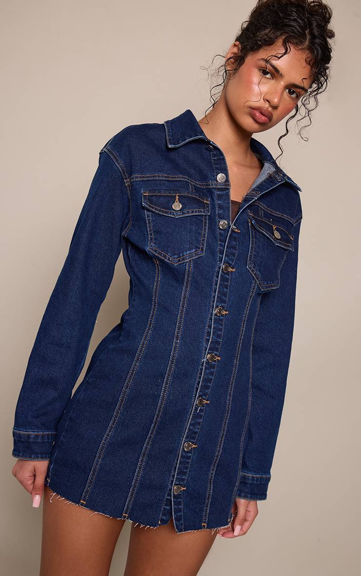 Bleu Robe Chemise En Denim À Manches Longues Avec Ourlet Brut