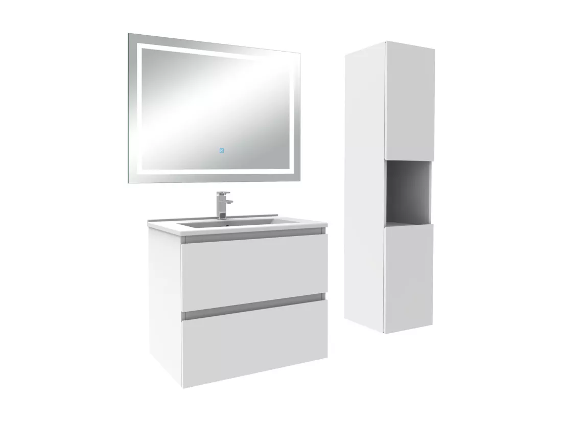 Ensemble meuble salle de Bain 60cm avec colonne et miroir 3 couleurs blanc