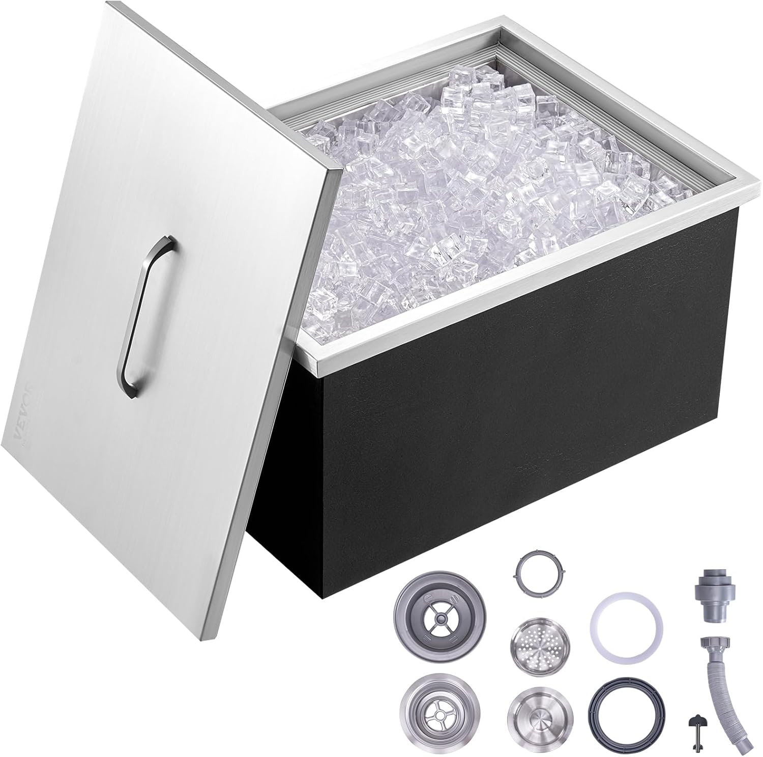 VEVOR Drop In Ice Chest, Edelstahl Eiskühler, Kommerzieller Eisbehälter mit Scharnierabdeckung, Outdoor Küche Eisbar, für Kaltes Wein Bier