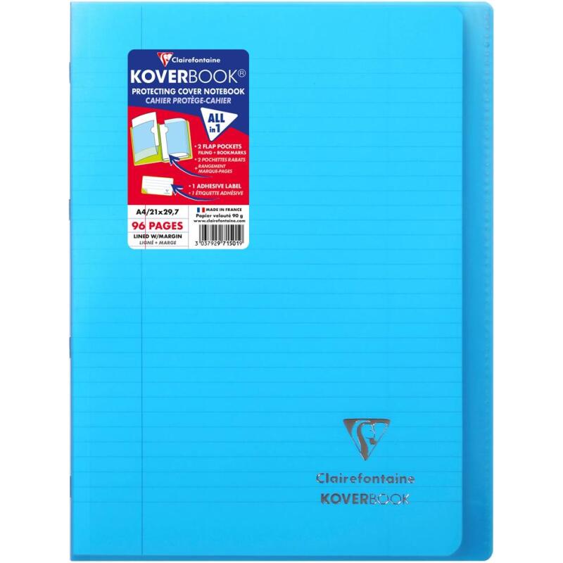Cahier piqué Koverbook A4 96 pages ligné + marge couverture polypropylène transparent - Assortis