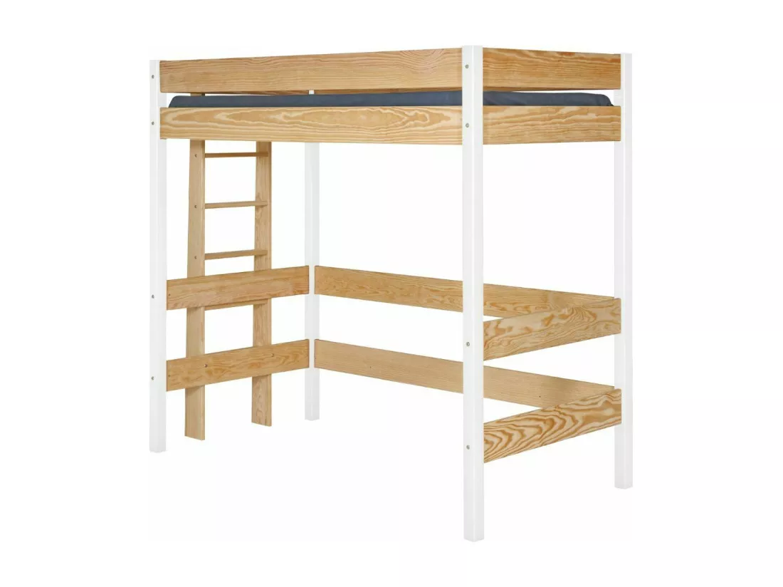 Pack lit mezzanine avec matelas 90x190 cm bois massif blanc et bois TINO