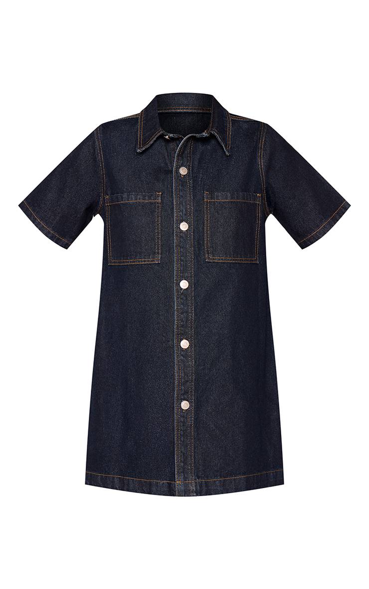 Bleu Indigo Robe Chemise En Denim À Surpiqûres Contrastées