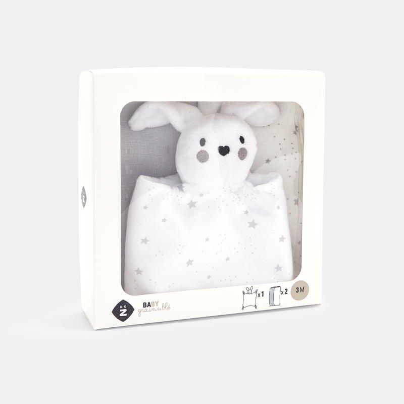 Coffret doudou plat lapin et 2 langes gris bébé naissance Blanc
