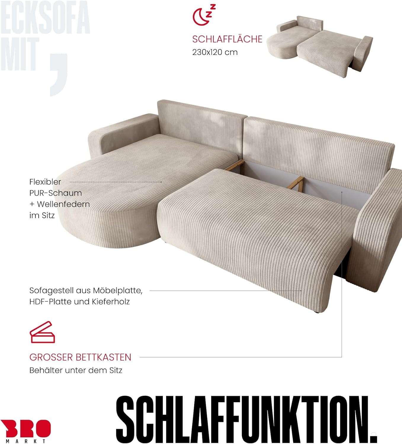 BROMARKT Ecksofa mit Schlaffunktion und Bettkasten Cordstoff Sofa Dreisitzer Schlafsofa Eckcouch Relaxsofa für Wohnzimmer Wohnlandschaft L-Form Bisk 275x170x85cm Grau