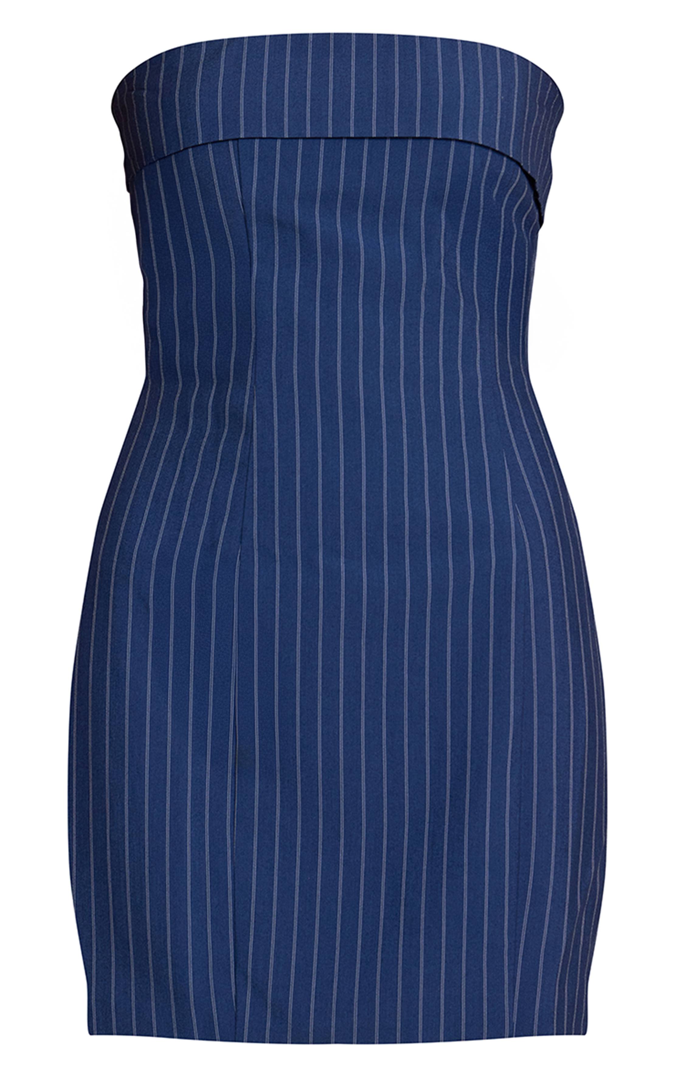 Bleu Marine Robe Moulante Bustier À Rayures Fines Avec Pli