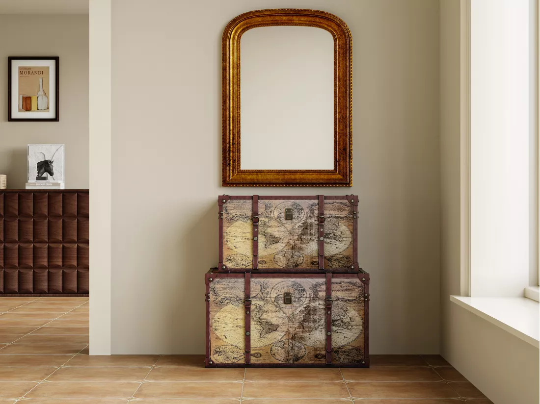 Lot de 2 malles en bois motif carte du monde - L. 69 x P. 43 x H. 40 cm et L. 59 x P. 36 x H. 33 cm - Marron - AVENTURA