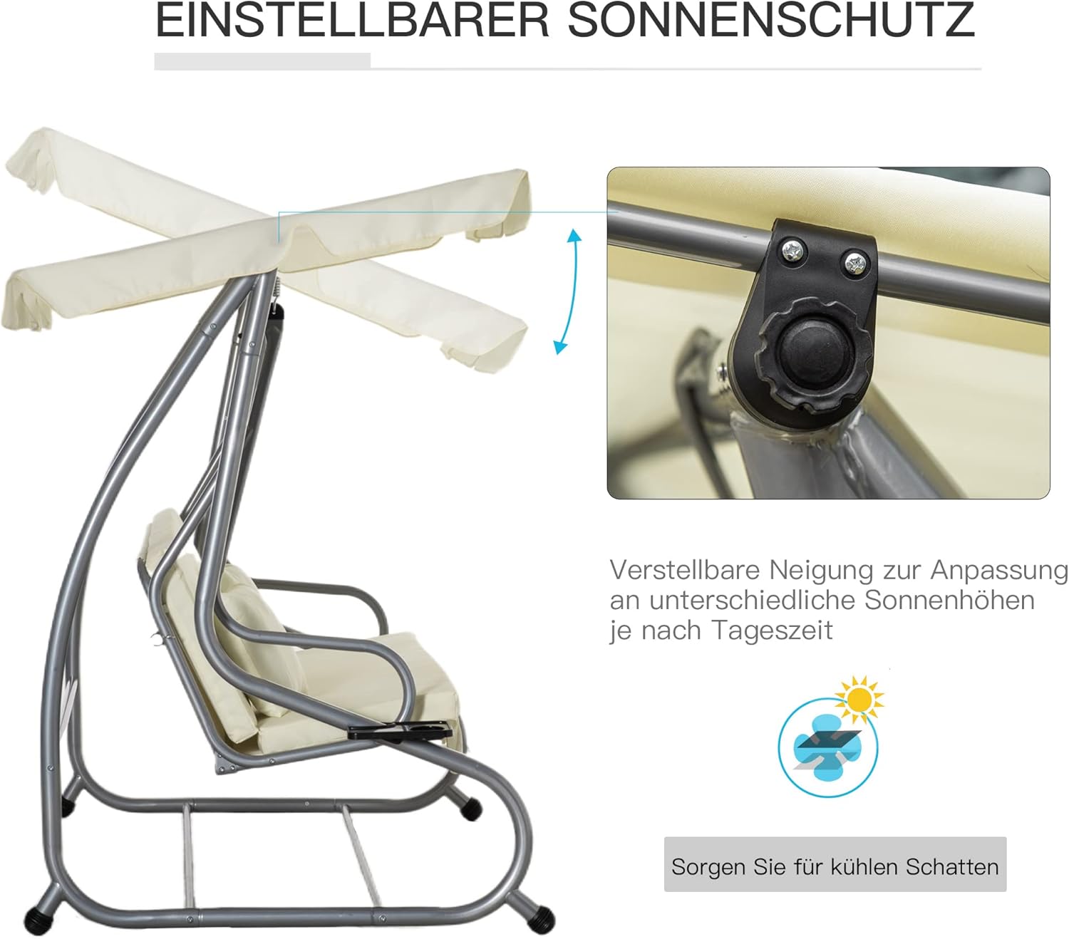 Outsunny Schaukelstuhl 3-Sitzer Gartenschaukel Hollywoodschaukel mit Sitz- und Rückenlehnen Tablett Schwingbank Sitzbank Dachwinkel verstellbar Stahl Polyestergewebe 200 x 120 x 164 cm Beige