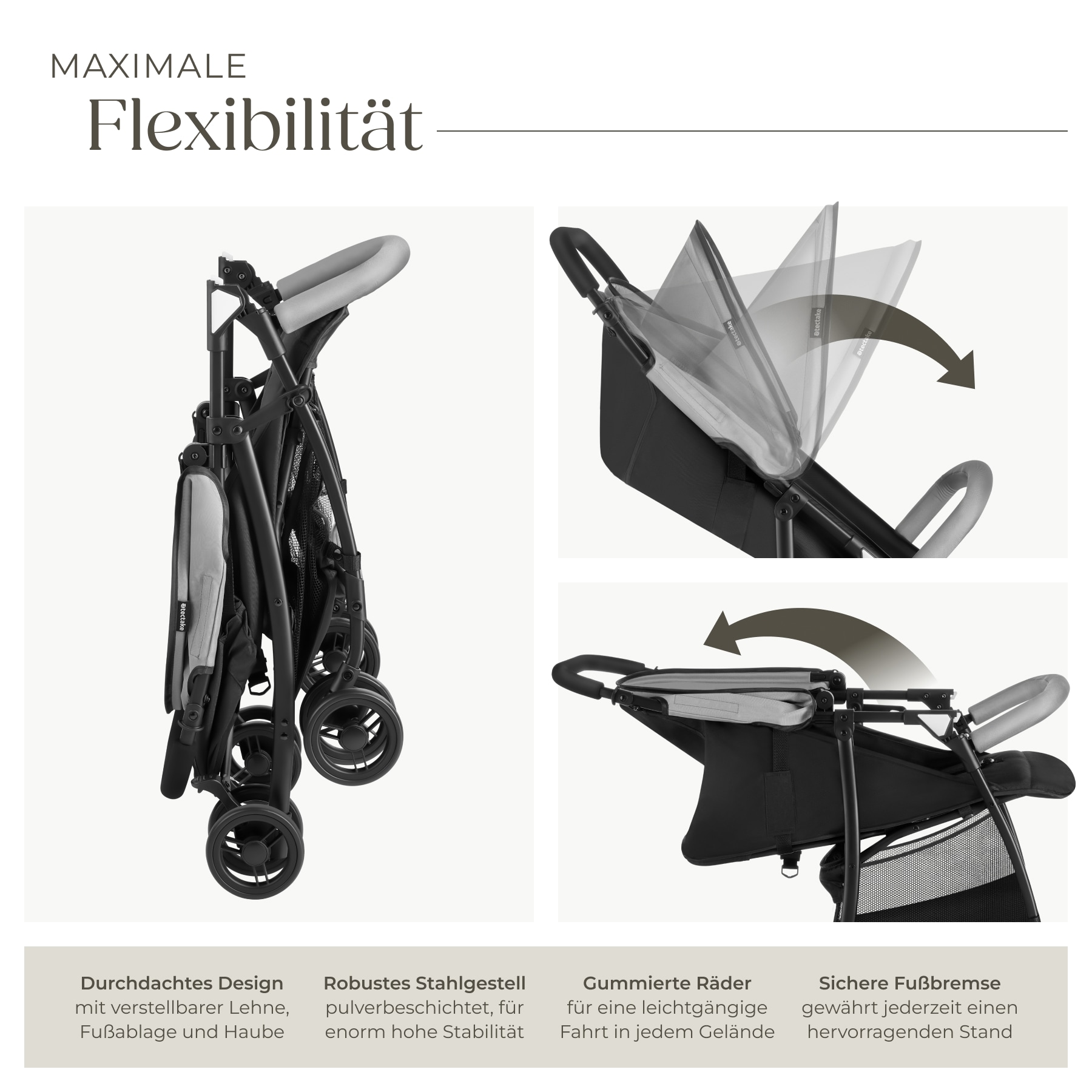 tectake® Buggy-Kinderwagen, klappbar, mit 5-Punkt-Gurt, Bremse und Schutzbügel, pulverbeschichtetes Stahlgestell und pflegeleichter Polyesterbezug, für 0 bis 36 Monate geeignet, Belastbarkeit 15 kg
