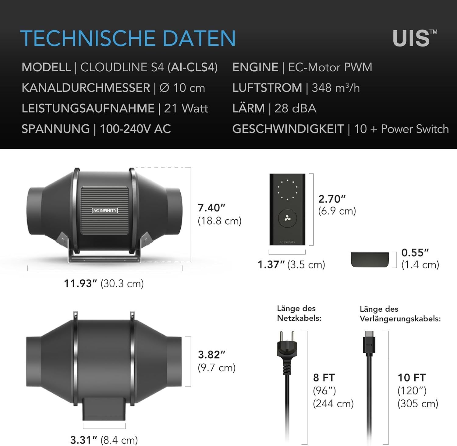 AC Infinity CLOUDLINE PRO S4 – Leises Inline-Lüftersystem 100 mm mit Drehzahlregler, EC-Motor, für Grow-Zelte und Hydroponik