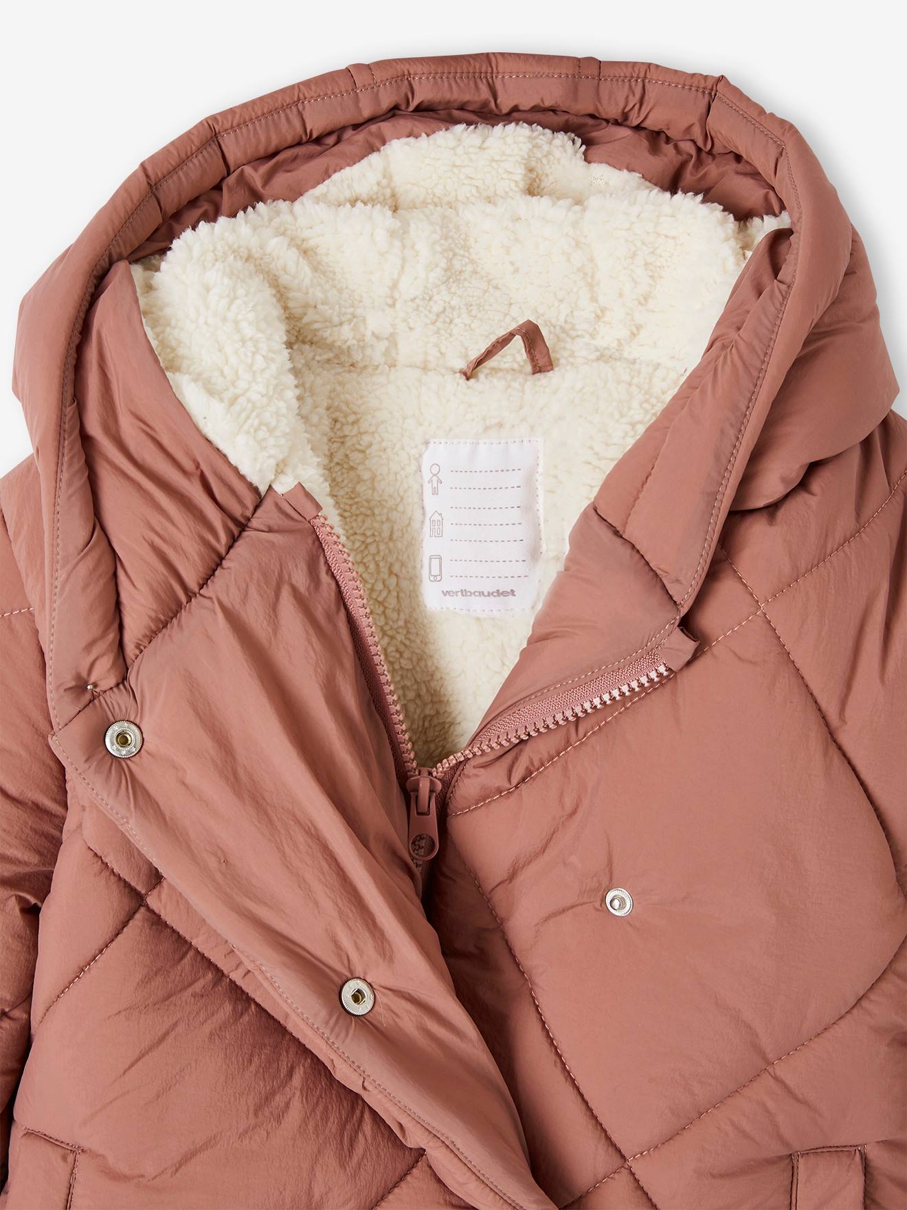 Jaqueta rosa acolchoada com capuz e forro de sherpa para meninas