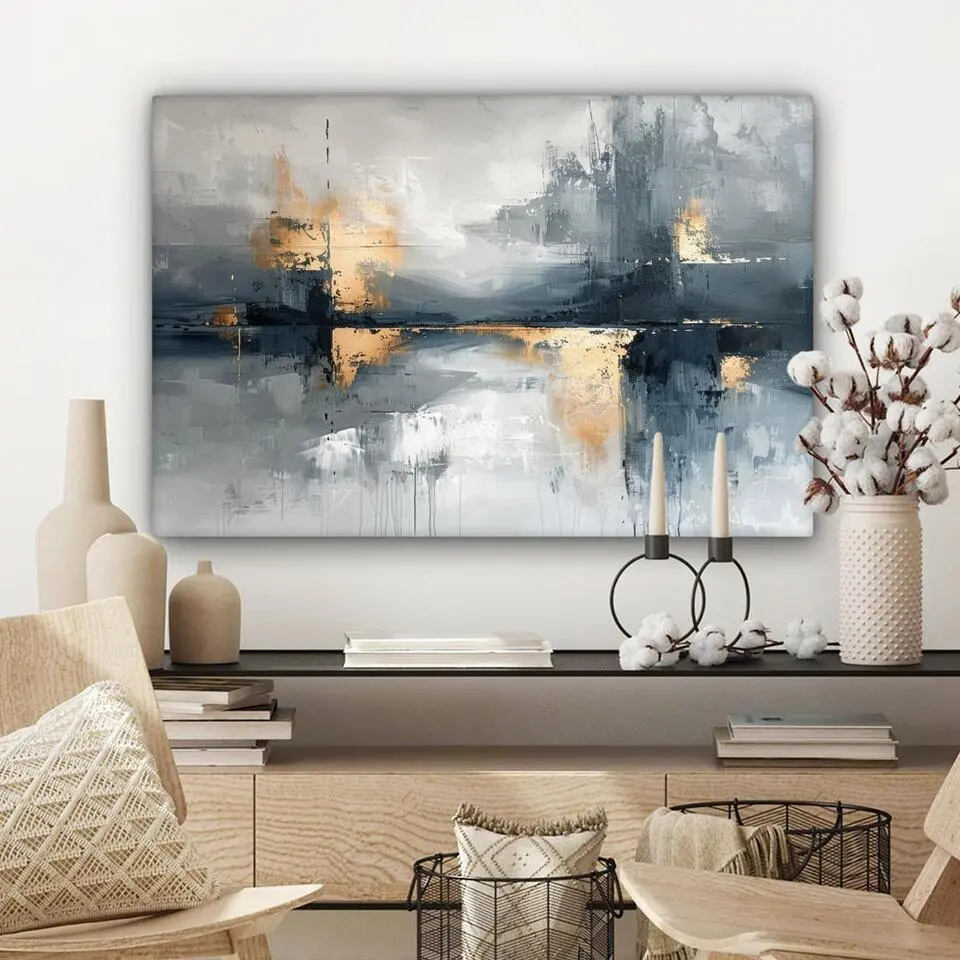 MuchoWow Canvas Schilderij 90x60cm Kunst Grijs Goud Abstract