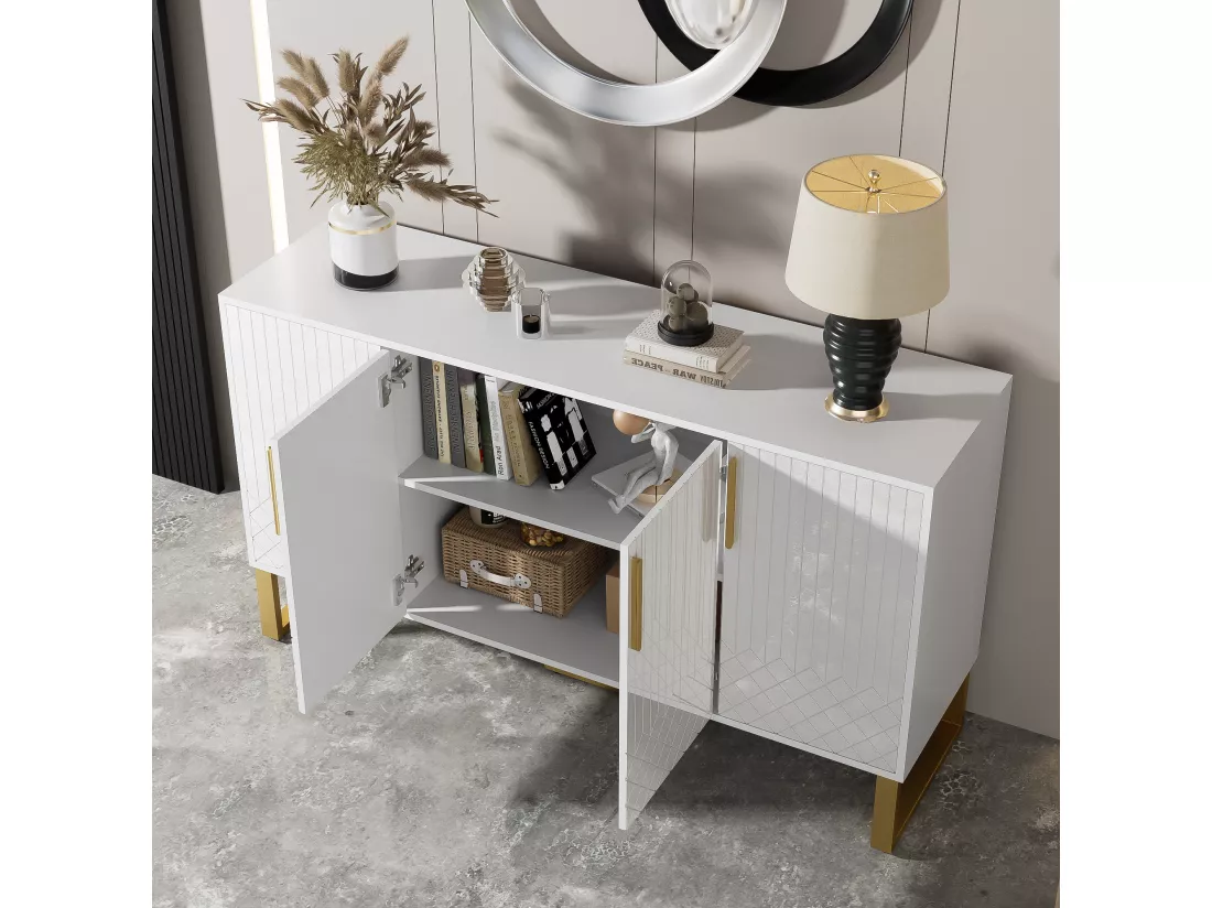 Buffet bas avec 4 portes - 140 L x 40 P x 80 H cm - Bois MDF et pièds en métal doré - Blanc brillant