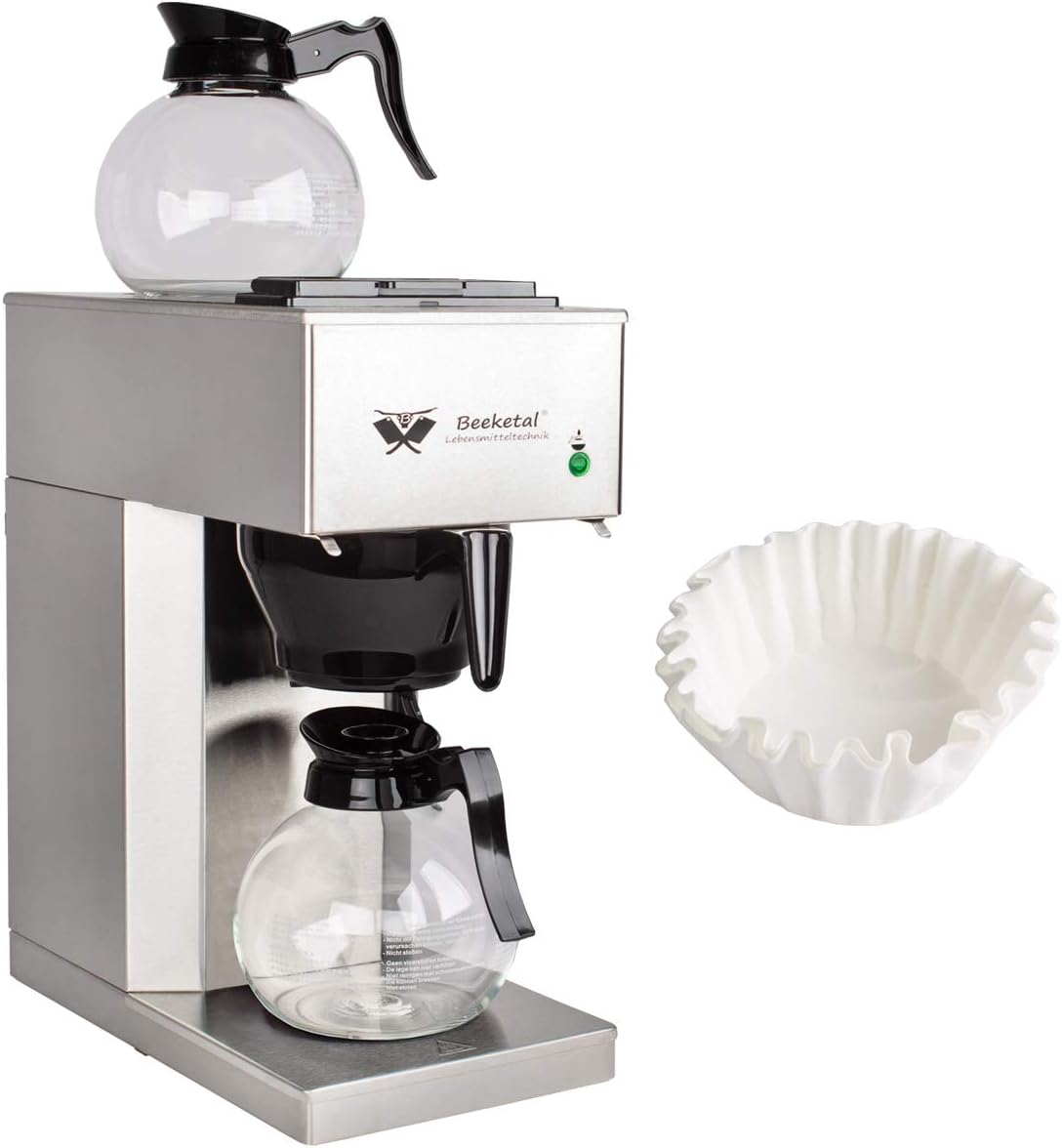 Beeketal 'BGK2-GK' Gastro Edelstahl Filterkaffeemaschine mit 2 Glaskannen (je 1,5l) und Wärmeplatte, Korbfilter Kaffeemaschine mit 2 Heizsystemen (Brühen/Warmhalten), inkl. 10 Stk. Papier Korbfilter
