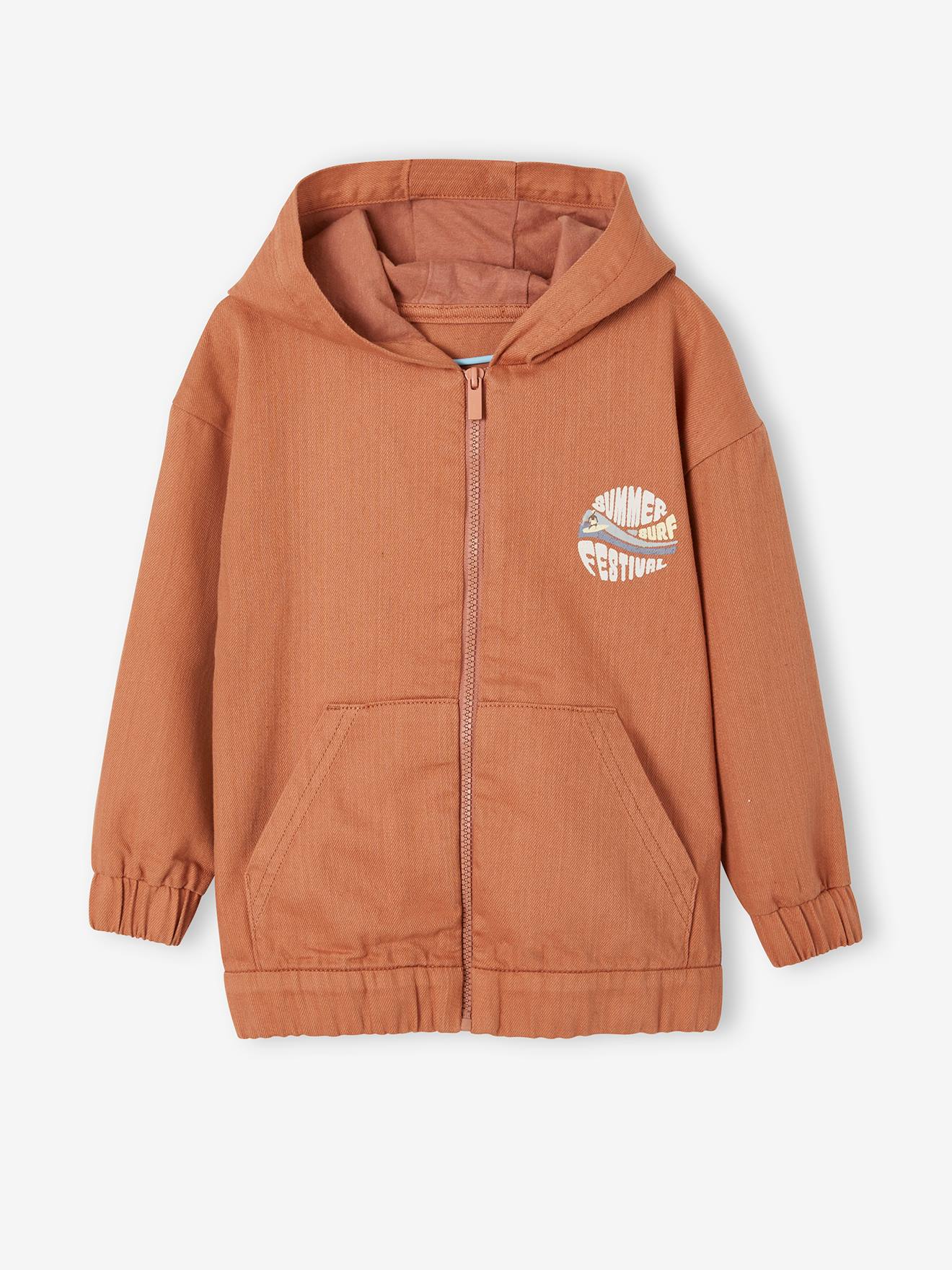 Moletom com zíper e estampa de surf, laranja médio liso com detalhes.