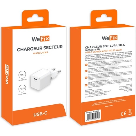 Chargeur pour téléphone mobile Wefix Chargeur secteur 20W USB-C Blanc