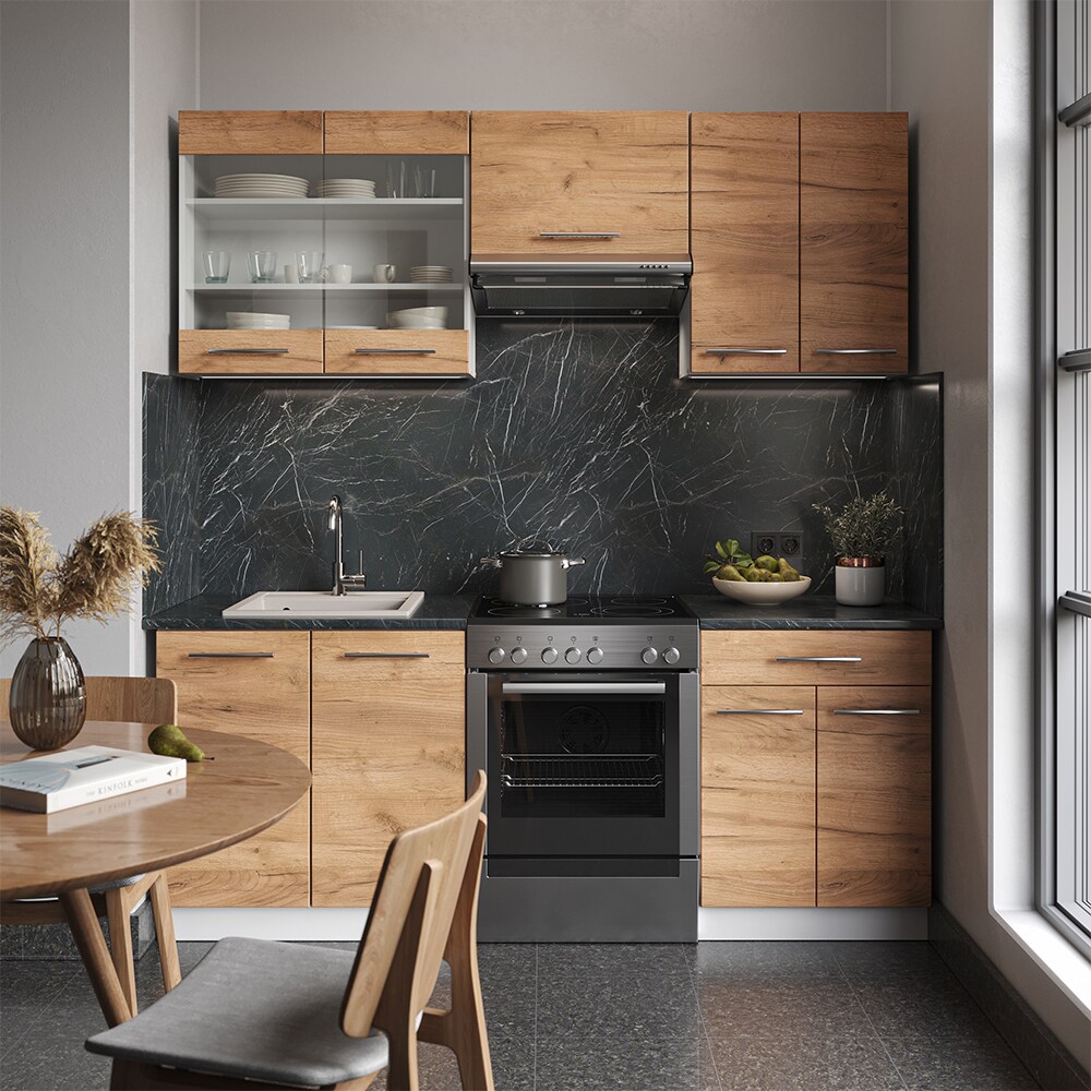 Vicco Küchenzeile Küchenblock Einbauküche Fame-Line Weiß Eiche 200 cm modern Küchen Schränke Schubunterschrank Spülenunterschrank Hängeschrank Hängeglasschrank