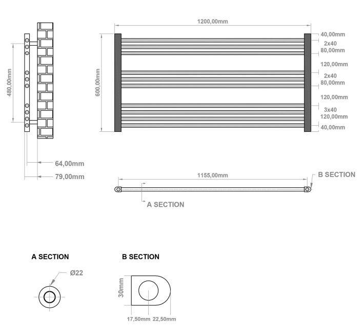 Eastbrook Wingrave handdoekradiator 120x60cm antraciet 629W