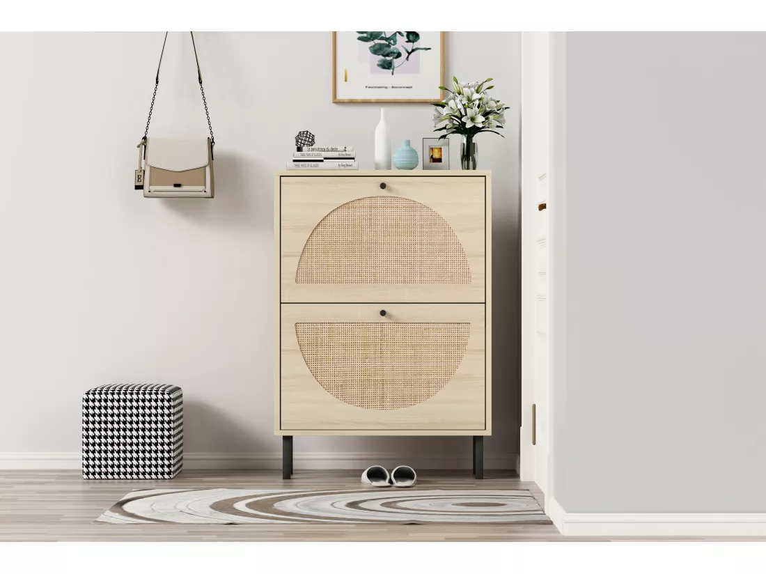 Meuble à Chaussures en Rattan Naturel, 2 Portes, Design Symétrique en Demi-Cercle, Étagères à Double Niveau, Stable et Sécurisé pour Toutes Pièces