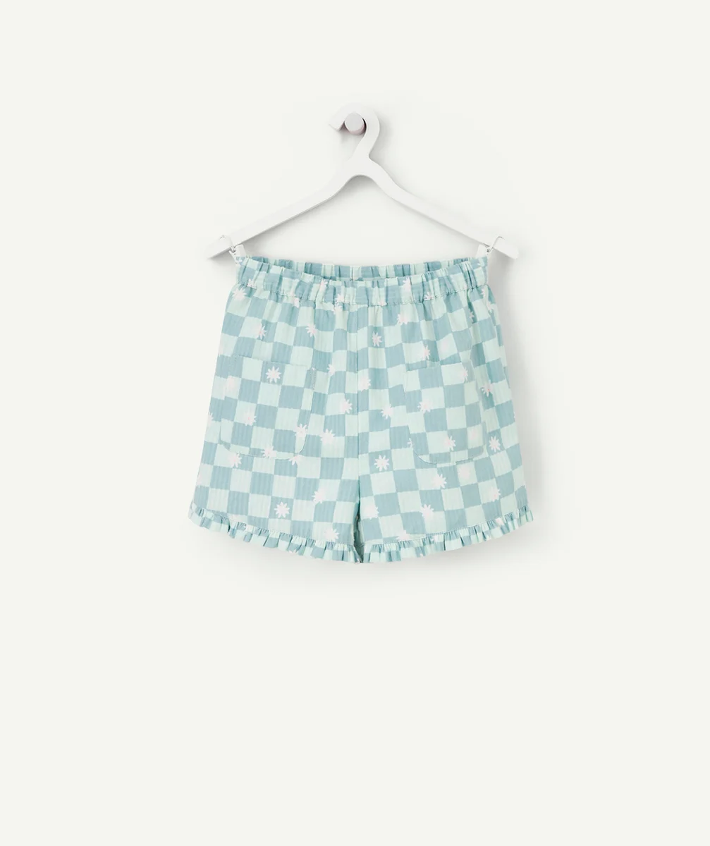SHORT FILLE EN COTON ET DAMIER VERT AVEC MARGUERITES