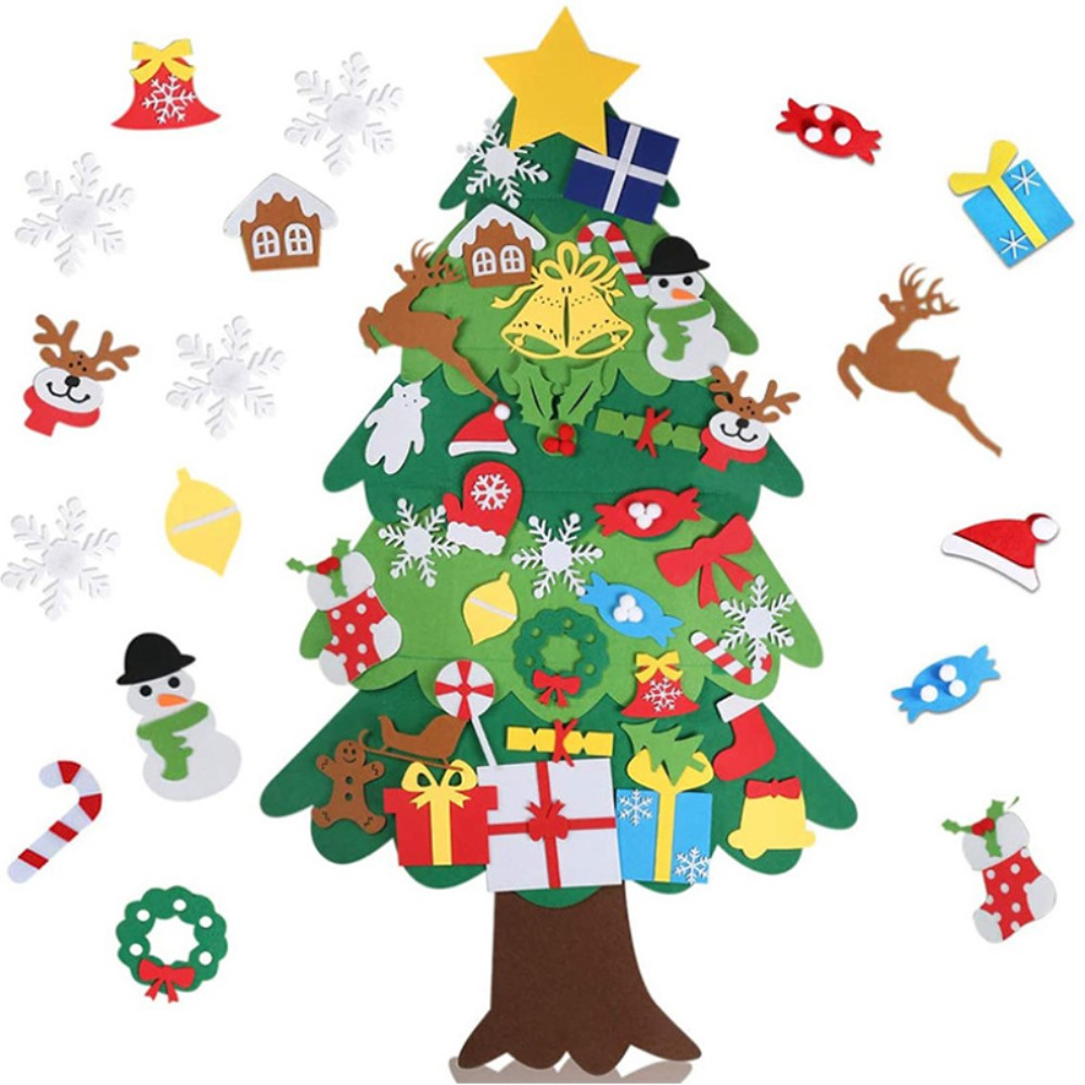 (34-tlg. Set) 98x70cm Kinder Spielzeug Christmas Tannenbaum Wand Deko Filz Weihnachtsbaum   Klett Figuren   LED Lichterkette